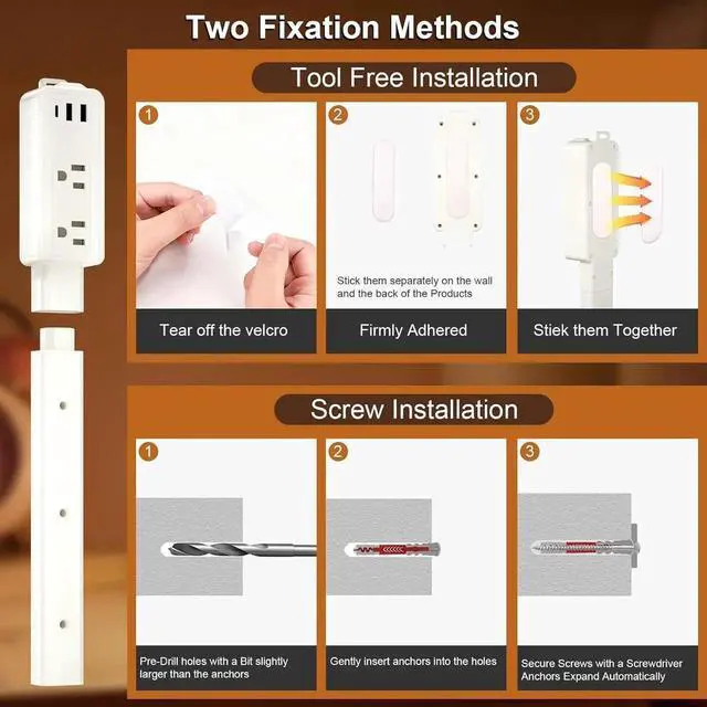 Alt view image 6 of 7 - Electrical Outlet Extender Stick-with 2 USB-A,USB-C and 2 AC Outlet Extender,Power Strips Extend 6", 15.3", 24.5", 34" for Behind Couches,Bed