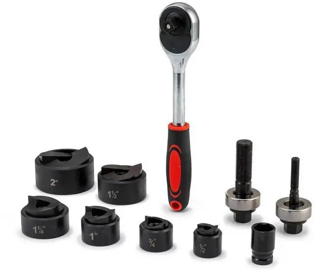 Main image of Ratchet Knockout Punch Set, 6 Dies 1/2" to 2", Ratchet KO Tool Kit for Electrical Conduit, Hole Cutter Driver Kit with Wrench & Accessories