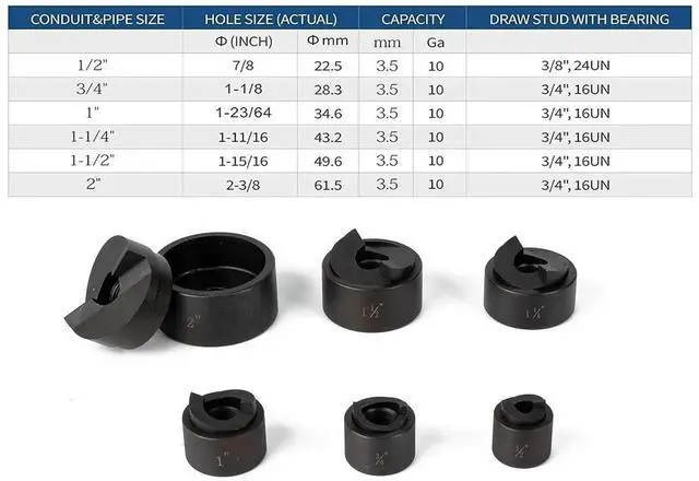 Alt view image 2 of 4 - Ratchet Knockout Punch Set, 6 Dies 1/2" to 2", Ratchet KO Tool Kit for Electrical Conduit, Hole Cutter Driver Kit with Wrench & Accessories