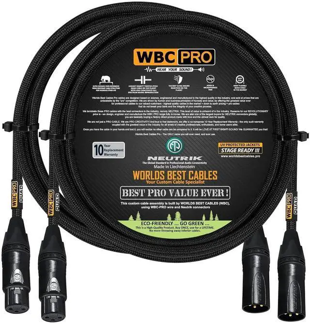 Main image of 2 Units - 2 Foot - WBC-PRO-Quad Ultra-Silent Ultra-Flexible Balanced Star-Quad Cable with Neutrik Male & Female XLR Plugs & Black Tweed Jacket