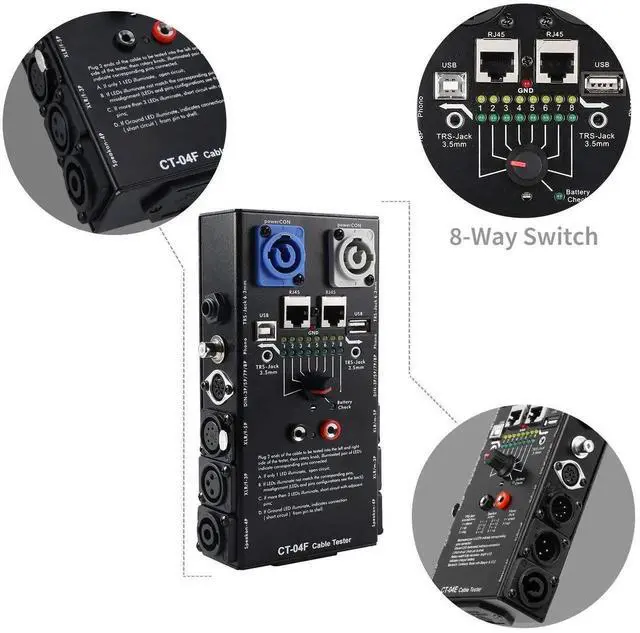 Alt view image 2 of 7 - 13-Plug Audio Cable Tester Line Finder Black 13-in-1 Cables Checker 8-Way Switch Wire Tracker with LED Indicators, Rectangular