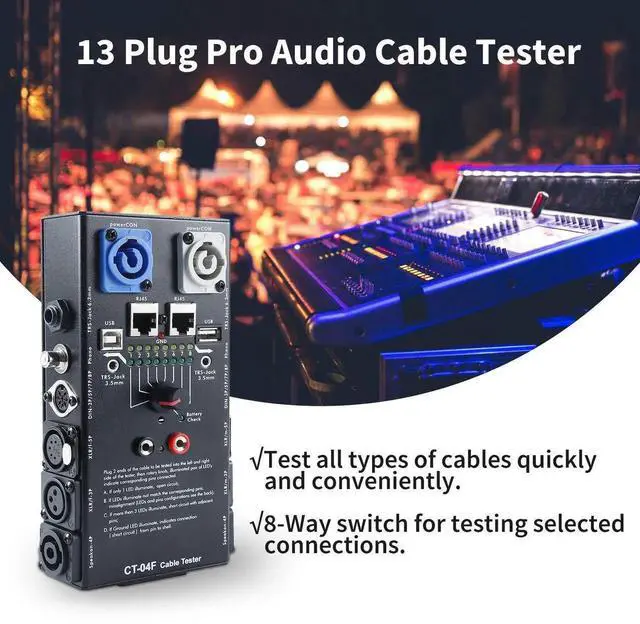 Alt view image 4 of 7 - 13-Plug Audio Cable Tester Line Finder Black 13-in-1 Cables Checker 8-Way Switch Wire Tracker with LED Indicators, Rectangular