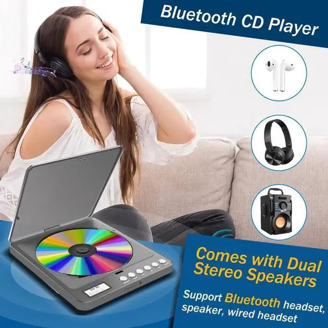 Alt view image 4 of 7 - Portable CD Player with Bluetooth and FM Transmitter, 2000mAh Rechargeable Players Speakers Dual Headphones Jack Anti-Skip cd for Car Home Adults Kids