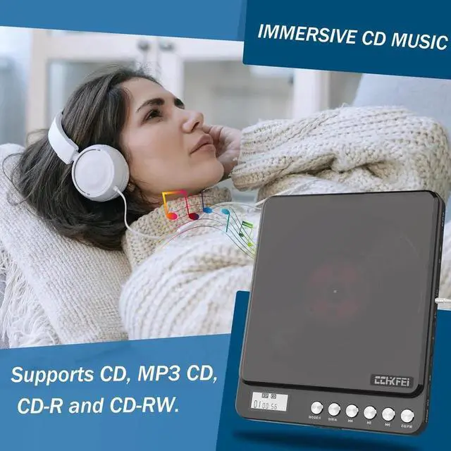 Alt view image 3 of 7 - Portable CD Player with Bluetooth and FM Transmitter, 2000mAh Rechargeable Players Speakers Dual Headphones Jack Anti-Skip cd for Car Home Adults Kids