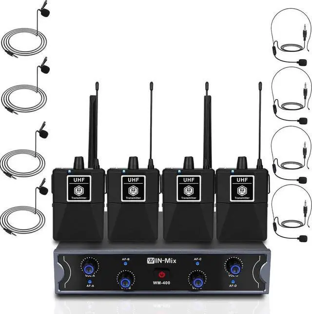 Main image of UHF Wireless Mic System 4 Pack -Professional Fixed Frequency with 4 Bodypacks, 260ft Range for Karaoke, Church, Stage