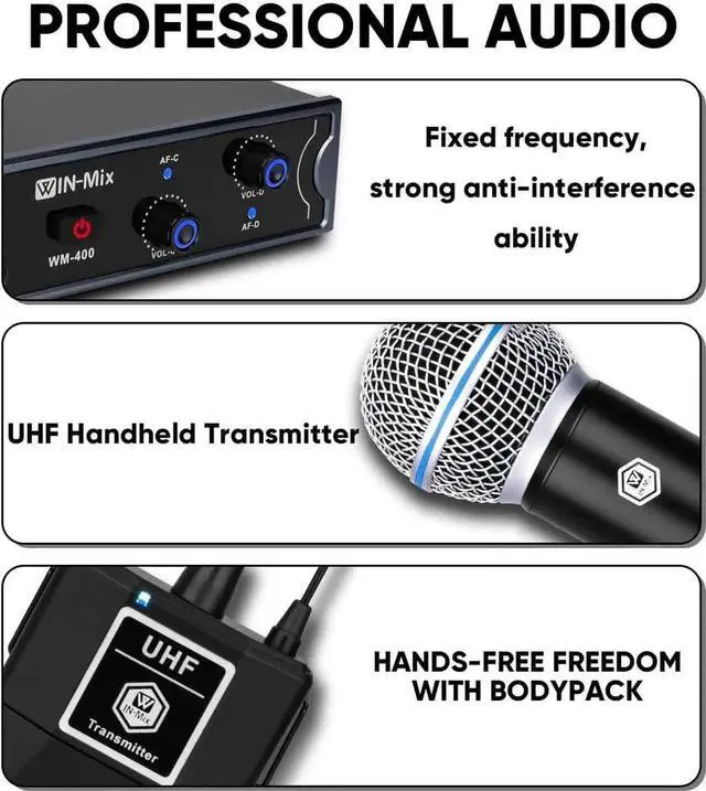 Alt view image 2 of 7 - UHF Wireless Mic System 4 Pack -Professional Fixed Frequency with 4 Bodypacks, 260ft Range for Karaoke, Church, Stage