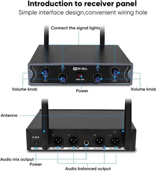 Alt view image 3 of 7 - UHF Wireless Mic System 4 Pack -Professional Fixed Frequency with 4 Bodypacks, 260ft Range for Karaoke, Church, Stage