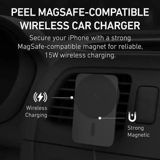 Alt view image 2 of 7 - Magnetic Wireless Car Charger Compatible with MagSafe Devices, 15W Fast Charging, Adjustable Vent Mount for iPhone 17/16/15/14/13/12 (Black)