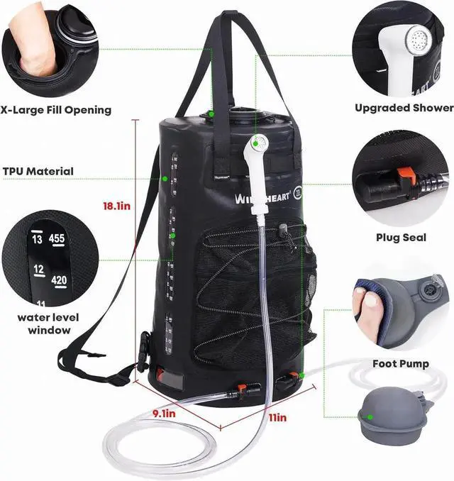 Alt view image 5 of 6 - Camping Shower 22L/ 12L Portable Shower for Camping with Pressure Foot Pump and Hose - Solar Shower Bag Backpack for Camping, Road Trip & Outdoor Use