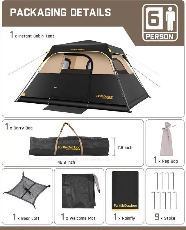 Alt view image 2 of 7 - Camping Tent 4/6/8/10 Person Instant Cabin Tent Setup in 60 Seconds with Rainfly & Windproof Portable with Carry Bag for Family Camping & Hiking