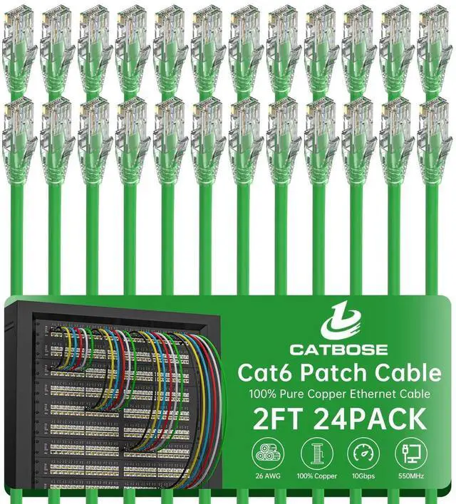 Main image of 2 Feet Cat6 Patch Cables(24 Pack), Solid Pure Copper Patch Cord, Cat 6 Ethernet Cable, UTP Network, High Speed RJ45 Internet Cables, Compatible for Router, Switche, PC, Server, PS4/5, Xbox - Green