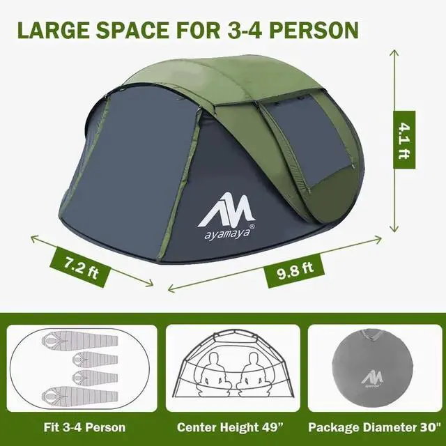 Alt view image 6 of 7 - 4 Person Pop Up Tents for Camping - Waterproof Instant Family Tents with Skylight & Removable Rainfly, Upgraded Large Size with 2 Doors -Automatic Easy Setup Beach Tent with Poles