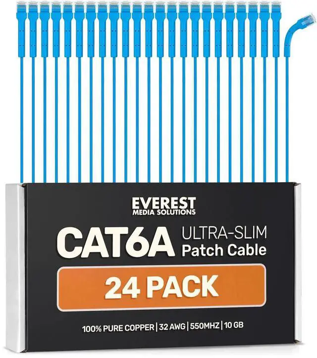 Main image of Everest Ultra Slim Cat6a Ethernet Patch Cables 0.5ft (24-Pack) Blue - 6 Inch 10GB Cat 6a Patch Cable - Bendable, Flexible & Thin Ethernet Cable - 32AWG 550MHZ Cat6a Cables - 100% Copper Wires