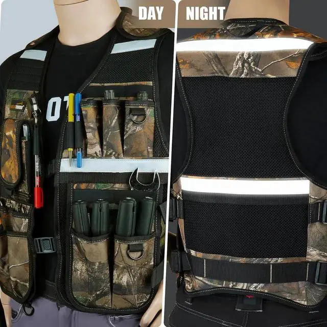 Alt view image 6 of 7 - Tool Vest for Men Reflective Safety Tool Vest with Adjustable Straps,Removable Phone Holder for Electrical,Carpenters,Construction(Camo)