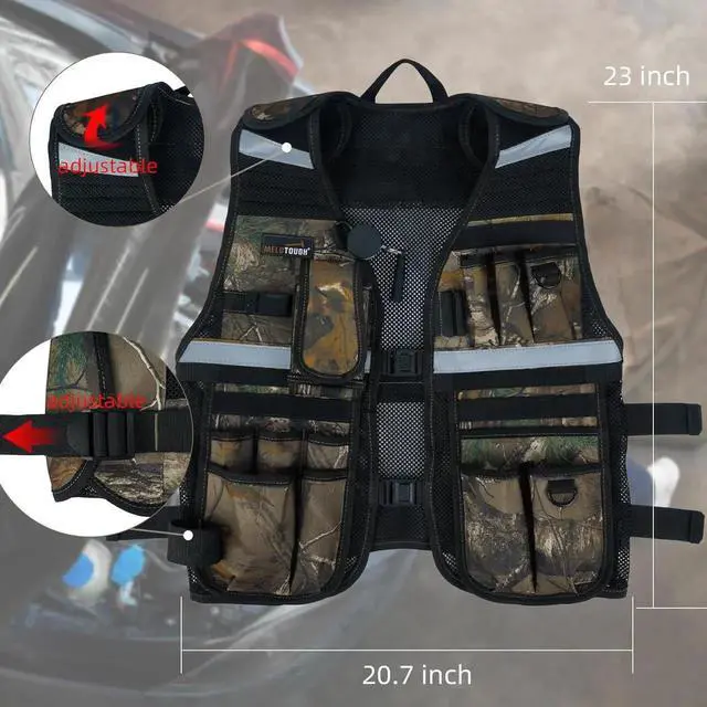 Alt view image 7 of 7 - Tool Vest for Men Reflective Safety Tool Vest with Adjustable Straps,Removable Phone Holder for Electrical,Carpenters,Construction(Camo)
