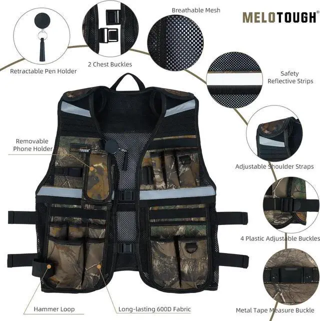 Alt view image 5 of 7 - Tool Vest for Men Reflective Safety Tool Vest with Adjustable Straps,Removable Phone Holder for Electrical,Carpenters,Construction(Camo)