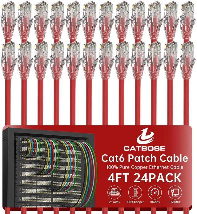 Main image of 4 Feet Cat6 Patch Cables(24 Pack), Solid Pure Copper Patch Cord, Cat 6 Ethernet Cable, UTP Network, High Speed RJ45 Internet Cables, Compatible for Router, Switche, PC, Server, PS4/5, Xbox - Red