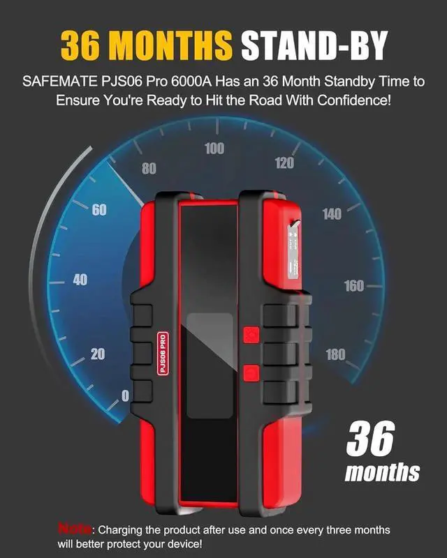 Alt view image 5 of 7 - PJS06 Pro 6000A Car Jump Starter (All Gas & 12L Diesel), 74Wh Portable Power Bank with 40W Fast Charge, Smart LCD Voltage Display, Large Screen Warning Light, 10-Safety Protections