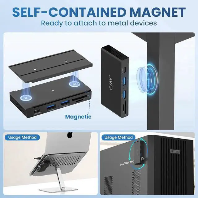 Alt view image 3 of 7 - 5-in-1 Magnetic USB 3.0 Hub with SD/TF Card Reader, 2 USB-A + 1 USB-C Ports, Includes Sliding Rail, Screws & Sticky Pads for MacBook Laptop PC