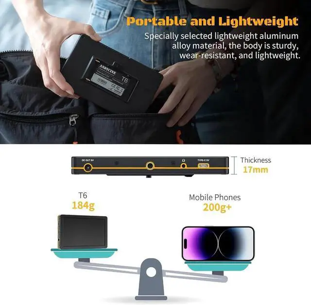 Alt view image 6 of 7 - T6 6Inch Camera Filed Monitor Aluminum Shell 4K HDMI C Input 1920x1080 All waveforme, 3D Lut with Battery and Carry Case