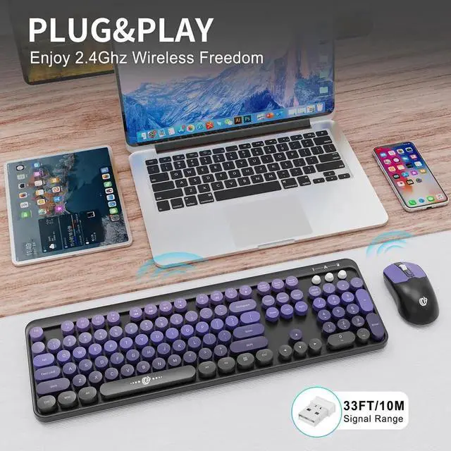 Alt view image 2 of 5 - FOPETT Wireless Keyboard and Mouse Combo - 2.4G Full-Sized Cute Colorful Mouse and Keyboard with 104 Round Keys Retro Typewriter Keyboard for Laptop/Windows/PC - Purple Gradient