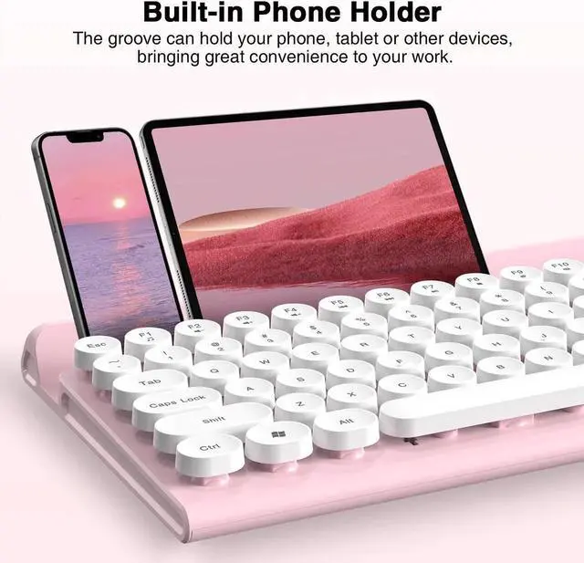 Alt view image 2 of 5 - RaceGT Wireless Typewriter Keyboard and Silent Mouse Combo - Cute Pink Keyboard with Phone Holder, 2.4G USB Computer Keyboard and Mouse Set for Windows Laptop/Desktop/PC