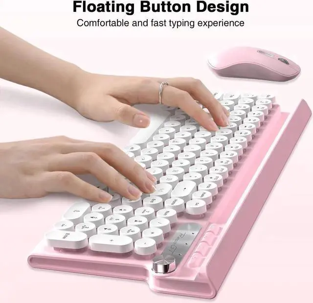 Alt view image 3 of 5 - RaceGT Wireless Typewriter Keyboard and Silent Mouse Combo - Cute Pink Keyboard with Phone Holder, 2.4G USB Computer Keyboard and Mouse Set for Windows Laptop/Desktop/PC