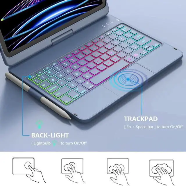 Alt view image 4 of 5 - iPad Pro 11 inch Case with Keyboard, iPad Air 5/Air 4 10.9 inch Keyboard Case with Trackpad, Keyboard Case for iPad Air 5/Air 4 and iPad Pro 1-4 Gen, Backlit 10 Color & 360 Screen Rotation -Ocean Blue