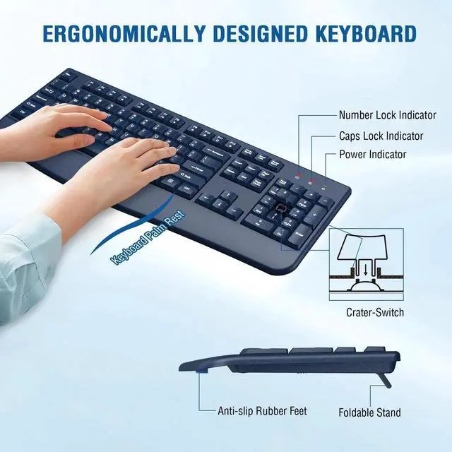 Alt view image 3 of 5 - Wireless Keyboard and Mouse Combo, Full-Sized 2.4GHz Wireless Keyboard with Comfortable Palm Rest and Optical Mouse for Windows, Mac OS PC/Desktops/Computer/Laptops (Starry Blue)