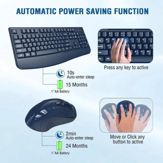 Alt view image 2 of 5 - Wireless Keyboard and Mouse Combo, Full-Sized 2.4GHz Wireless Keyboard with Comfortable Palm Rest and Optical Mouse for Windows, Mac OS PC/Desktops/Computer/Laptops (Starry Blue)