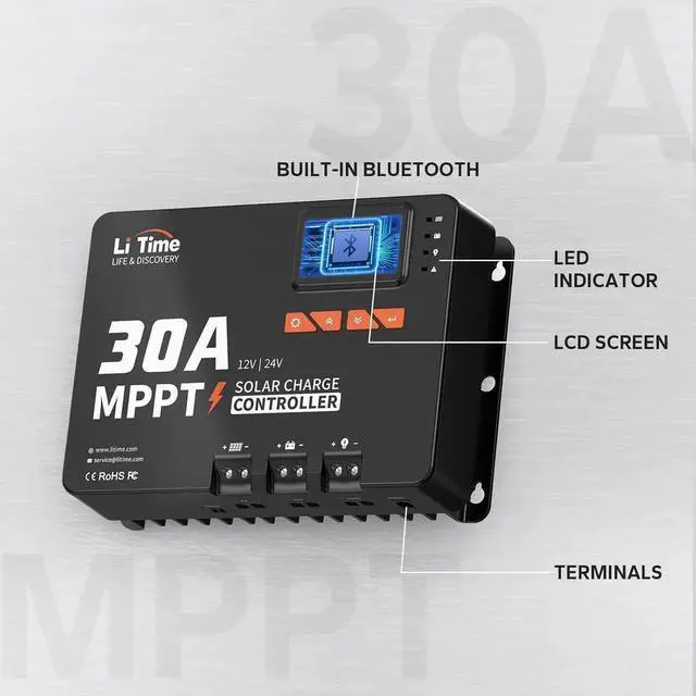 Alt view image 3 of 5 - 30 Amp MPPT 12V/24V/Auto DC Input Solar Charge Controller Build-in Bluetooth Module, Parameter Adjustable LCD Display LED Indicators Solar Panel