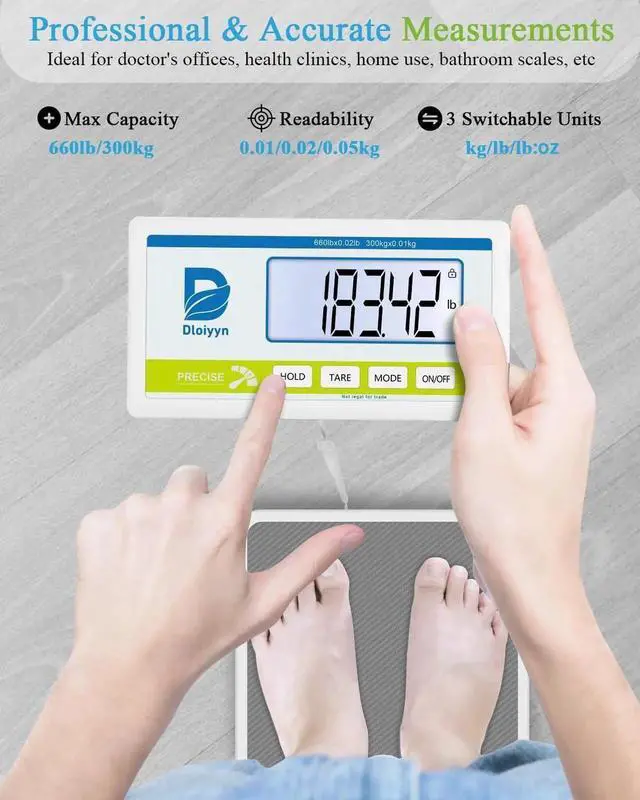 Alt view image 2 of 7 - Medical Scale for Body Weight with Digital Display, 660 lb Limit, High Accuracy Medical Grade Floor Scale, Heavy Duty, kg/oz/lb Settings, AC Adapter & Battery Included, Portable Home & Physician Scale