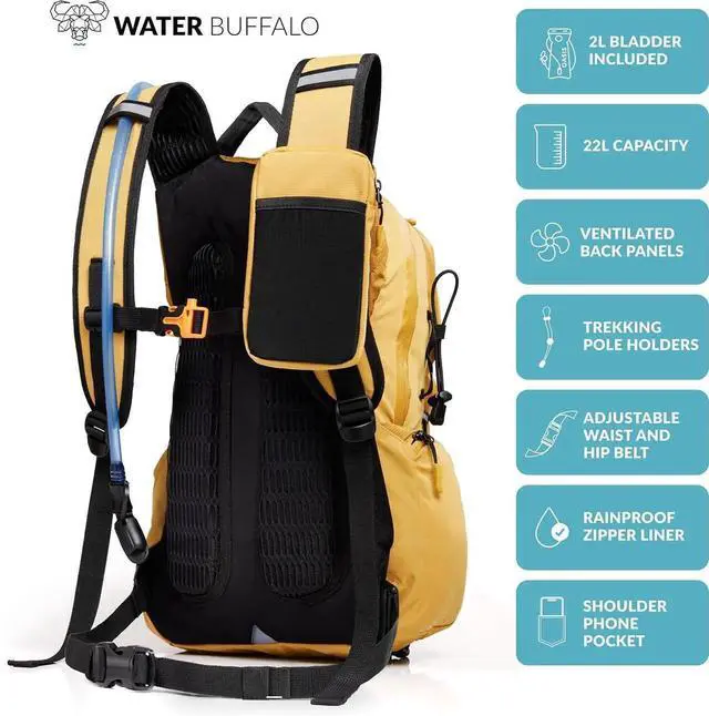 Alt view image 4 of 6 - Hydration Backpack - Sherpa 22L Hiking Backpack with Water Bladder - Water Backpack for Hiking with Waterproof Zippers, Phone & Pole Holders