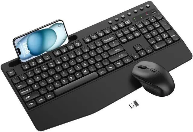 Alt view image 5 of 5 - Wireless Keyboard and Mouse Combo with Palm Rest, Phone Holder, Full-Size Quiet Wireless Ergonomic Keyboard and Mouse, Comfortable Natural Typing Compatible for Windows, Laptop, Mac, PC