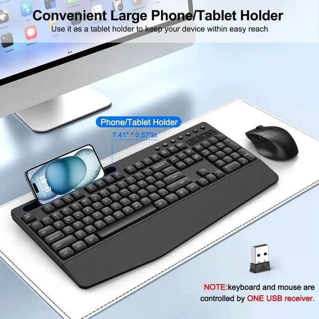 Alt view image 2 of 5 - Wireless Keyboard and Mouse Combo with Palm Rest, Phone Holder, Full-Size Quiet Wireless Ergonomic Keyboard and Mouse, Comfortable Natural Typing Compatible for Windows, Laptop, Mac, PC