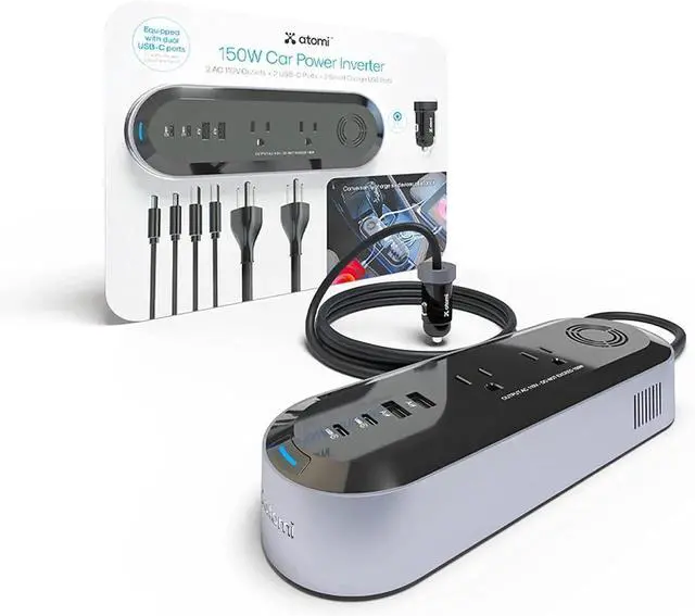 Main image of Atomi 150W Car Power Inverter with 2 AC 110V Outlets + 2 USB-C Ports + 2 Smart Charge USB Ports