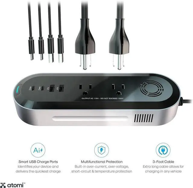 Alt view image 5 of 6 - Atomi 150W Car Power Inverter with 2 AC 110V Outlets + 2 USB-C Ports + 2 Smart Charge USB Ports