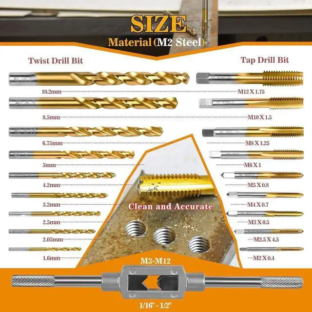 Alt view image 6 of 7 - 18Pcs Metric Drill and Tap Set with 1Pc Wrench, M2 HSS Thread from to M12, Combination of for Metal,with Exquisite Indexed Box