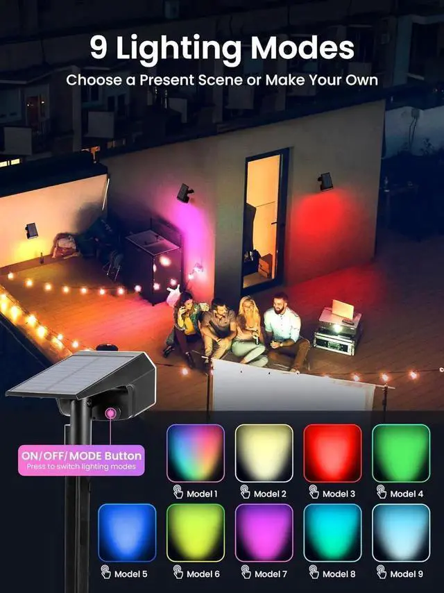 Alt view image 2 of 7 - Solar Spot Lights Outdoor, 9 Lighting Modes RGB, Solar Lights Outdoor Waterproof IP65, 63 LED Landscape Spotlights for Holiday Decorations