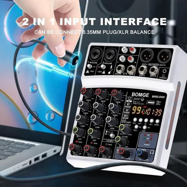 Alt view image 4 of 7 - 4 Channel dj Bluetooth Audio Mini Mixer with 99DSP Processor, USB Interface, Stereo Recording, 48V Phantom Power for PC,phone(White)