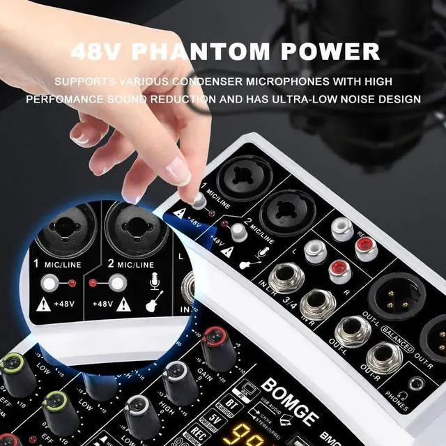 Alt view image 5 of 7 - 4 Channel dj Bluetooth Audio Mini Mixer with 99DSP Processor, USB Interface, Stereo Recording, 48V Phantom Power for PC,phone(White)