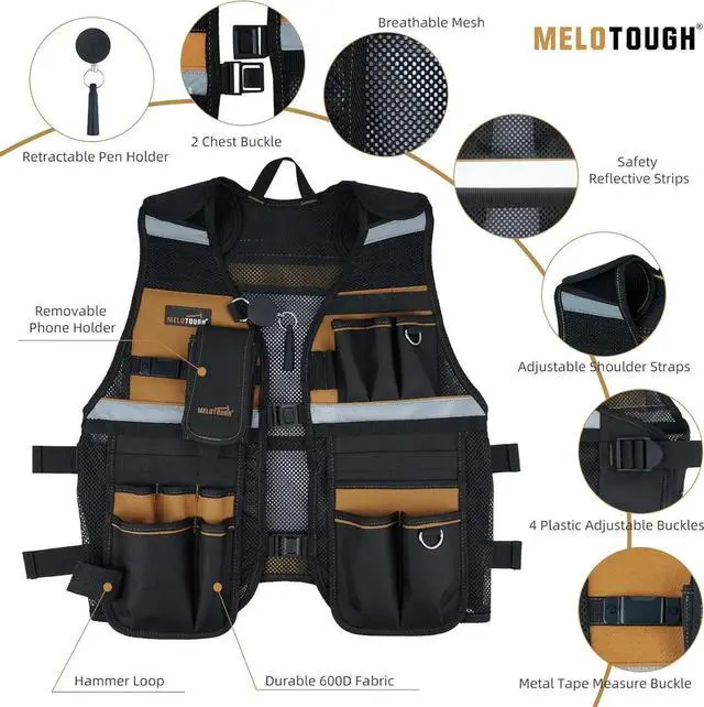 Alt view image 3 of 7 - Tool Vest for Men Reflective Safety Tool Vest with Adjustable Straps,Removable Phone Holder for Electrical,Carpenters,Construction(Khaki)
