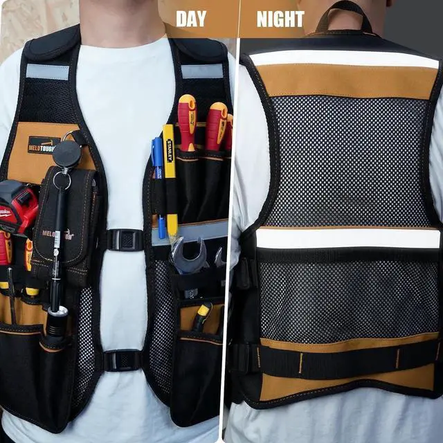 Alt view image 6 of 7 - Tool Vest for Men Reflective Safety Tool Vest with Adjustable Straps,Removable Phone Holder for Electrical,Carpenters,Construction(Khaki)