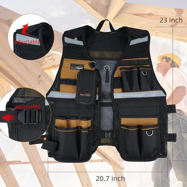 Alt view image 7 of 7 - Tool Vest for Men Reflective Safety Tool Vest with Adjustable Straps,Removable Phone Holder for Electrical,Carpenters,Construction(Khaki)
