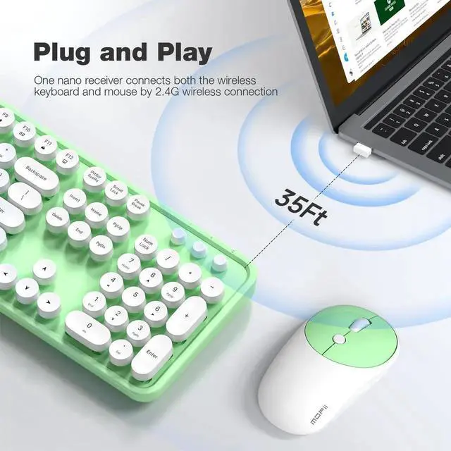 Alt view image 4 of 5 - Wireless Keyboard and Mouse Combo, MOWUX Full Size Typewriter Retro Round Computer Keyboard, Mouse Wireless, Plug and Play, for Laptop, PC, Computer- Green
