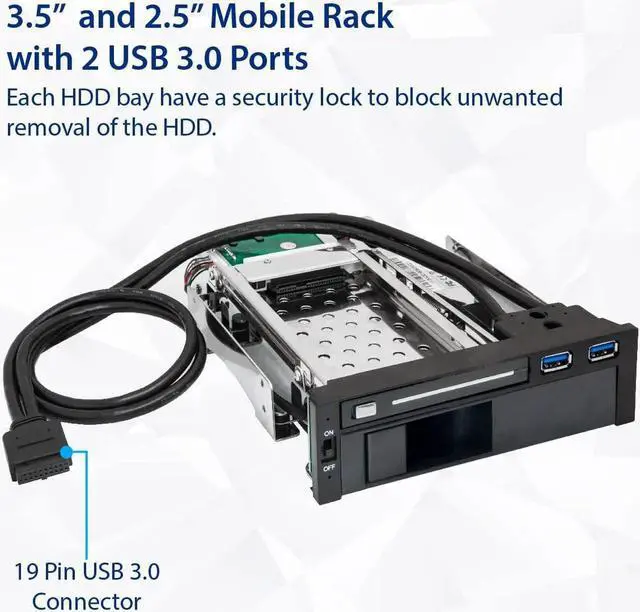 Alt view image 4 of 7 - SY-MRA55006 5.25" Bay Tray Less Mobile Rack for 3.5" and 2.5" Sata III HDD with Extra 2 Port USB 3.0, Black/White