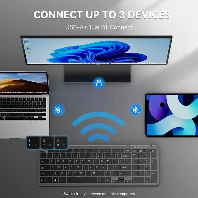 Alt view image 2 of 5 - TECKNET Wireless Bluetooth Keyboard Rechargeable - Ultra Slim 2.4G+BT Keyboard with Number Pad, Multi Devices Easy Switch, Low Profile Compact Keyboards for iPad, Macbook, Laptop, Computer, Tablet, PC