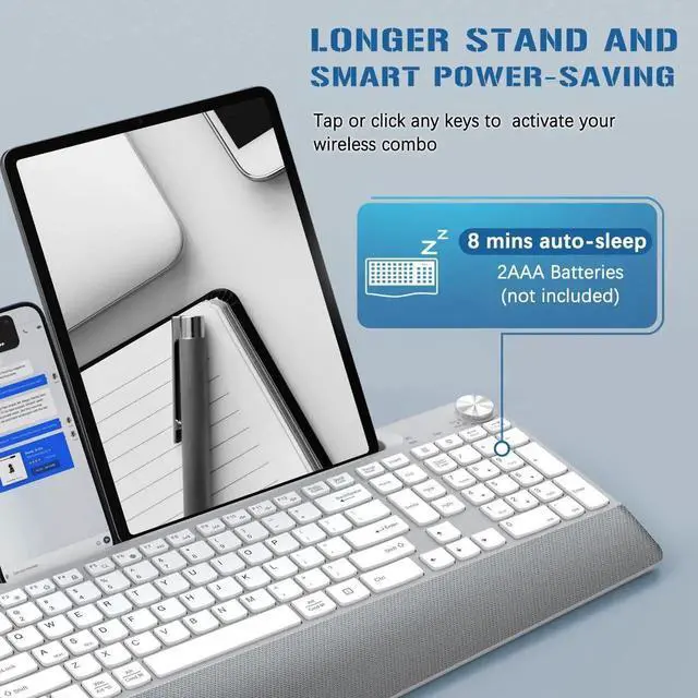 Main image of JOYACCESS Ergonomic Wireless Keyboard, 2.4GHz Cordless USB Full-Size Keyboard with Wrist Rest, Quiet Design & Numeric Keypad, Phone Holder for Desktop, Laptop, PC, Mac, Windows -Silver White