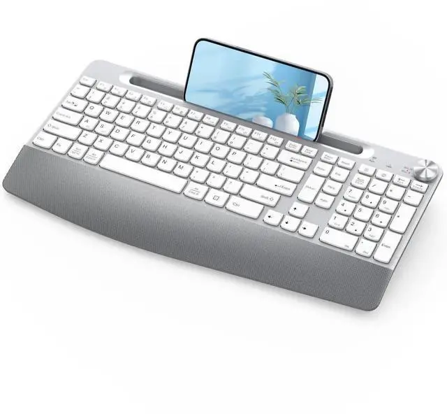 Alt view image 3 of 4 - JOYACCESS Ergonomic Wireless Keyboard, 2.4GHz Cordless USB Full-Size Keyboard with Wrist Rest, Quiet Design & Numeric Keypad, Phone Holder for Desktop, Laptop, PC, Mac, Windows -Silver White