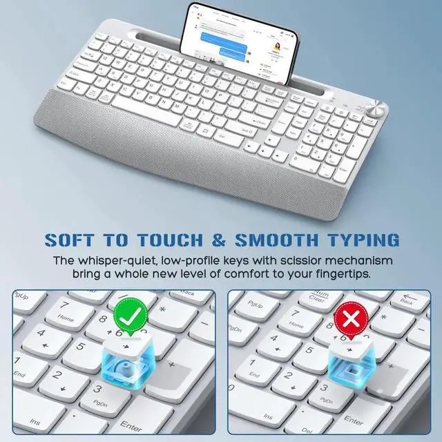 Alt view image 4 of 4 - JOYACCESS Ergonomic Wireless Keyboard, 2.4GHz Cordless USB Full-Size Keyboard with Wrist Rest, Quiet Design & Numeric Keypad, Phone Holder for Desktop, Laptop, PC, Mac, Windows -Silver White